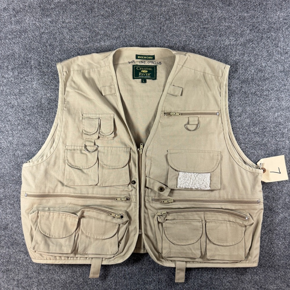 Crystal River Fishing Fly Safari Vest Mens L Beige Multi Pocket V-Neck Zip Up